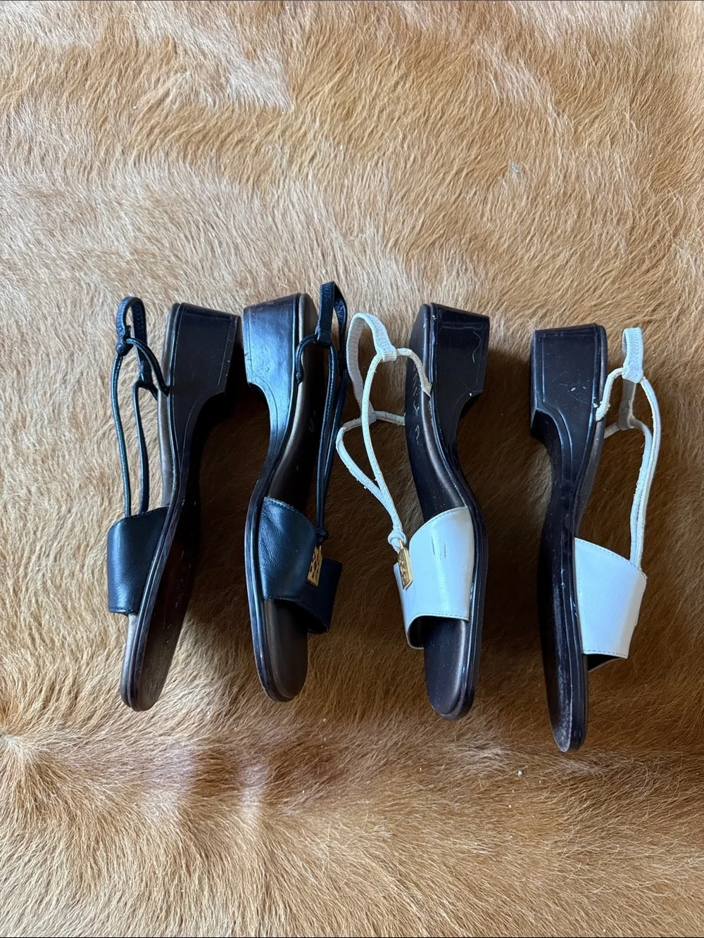 Bundle Unisa Black and White T-Strap Sandals with Gold Emblem